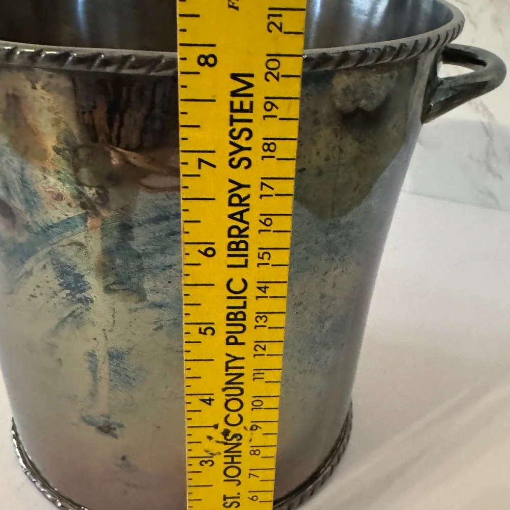 Pottery Barn Silver Plated Ice Bucket Rope Twist Trim Patina Barware 8 inch Vtg